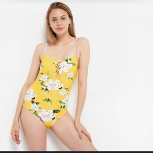 Cushe Yellow and Green Floral One Piece Swimsuit